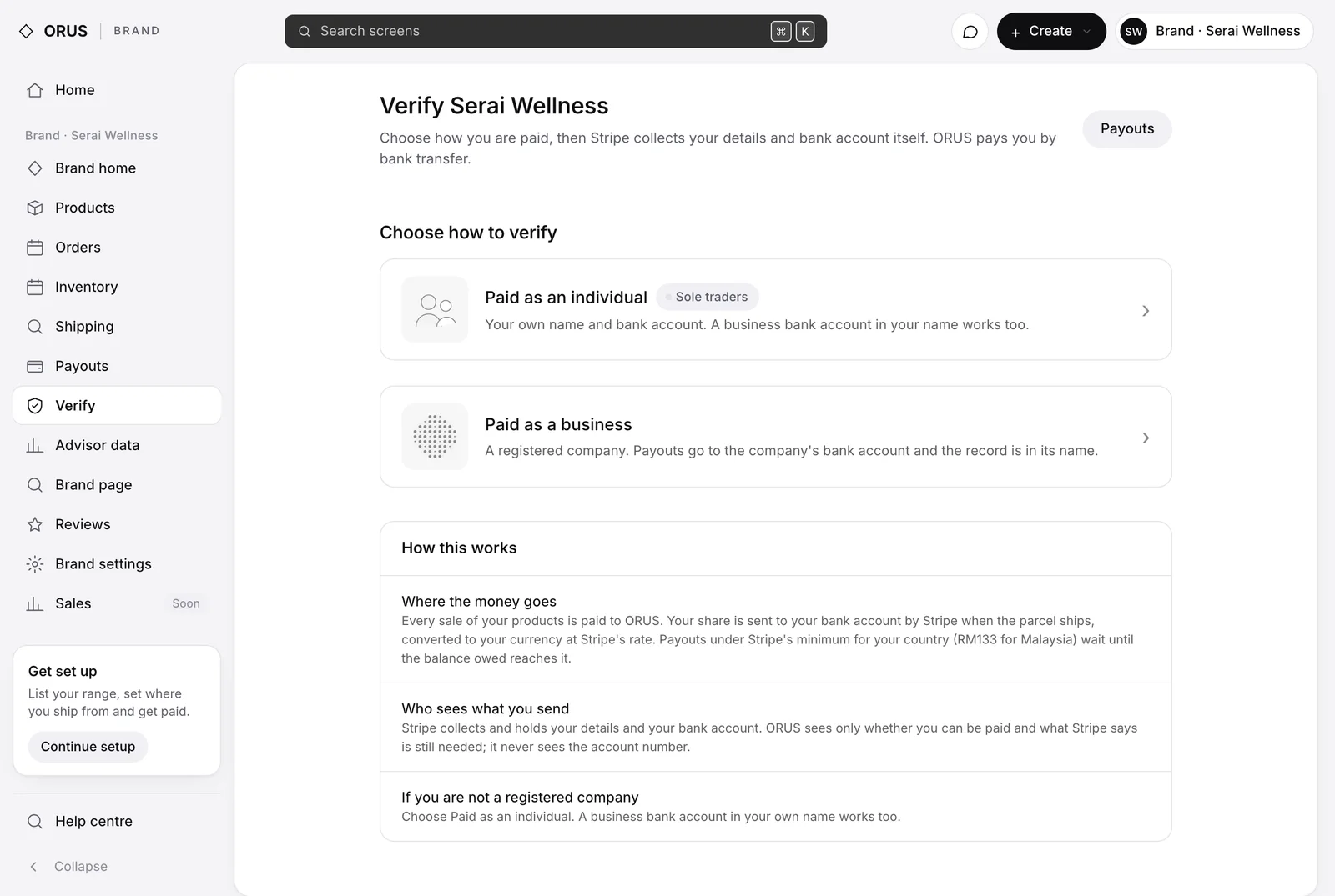 The Verify page in the ORUS console for a brand called Serai Wellness, with two cards: Paid as an individual and Paid as a business