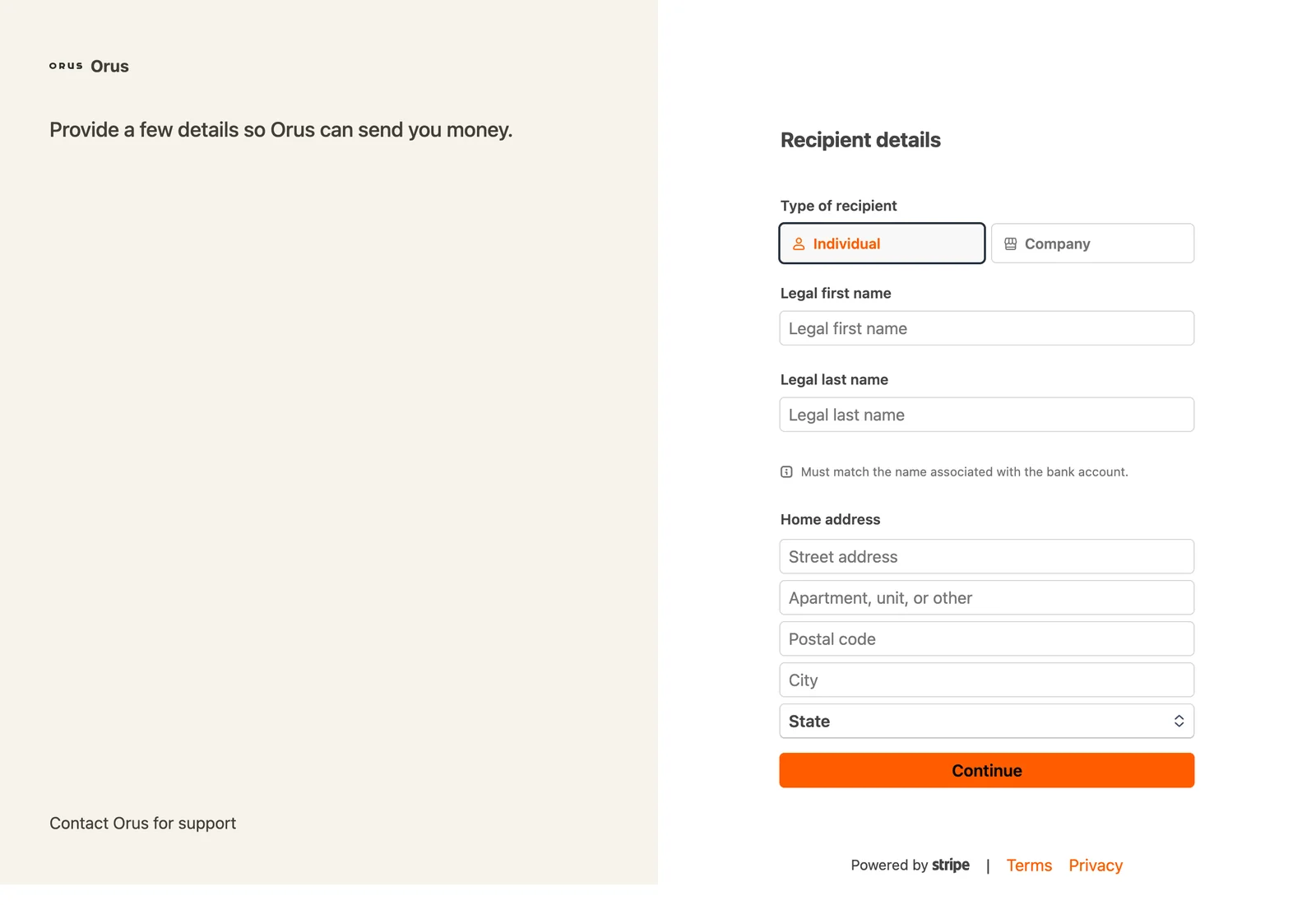 Stripe's recipient details page: type of recipient, legal first name, legal last name, and home address fields