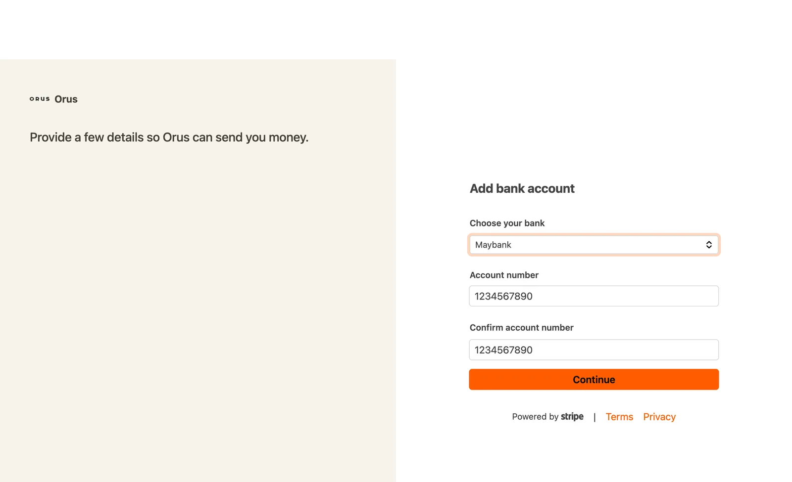 Stripe's add bank account page with the bank picker open, Maybank typed in the search box and the list of Malaysian banks under it