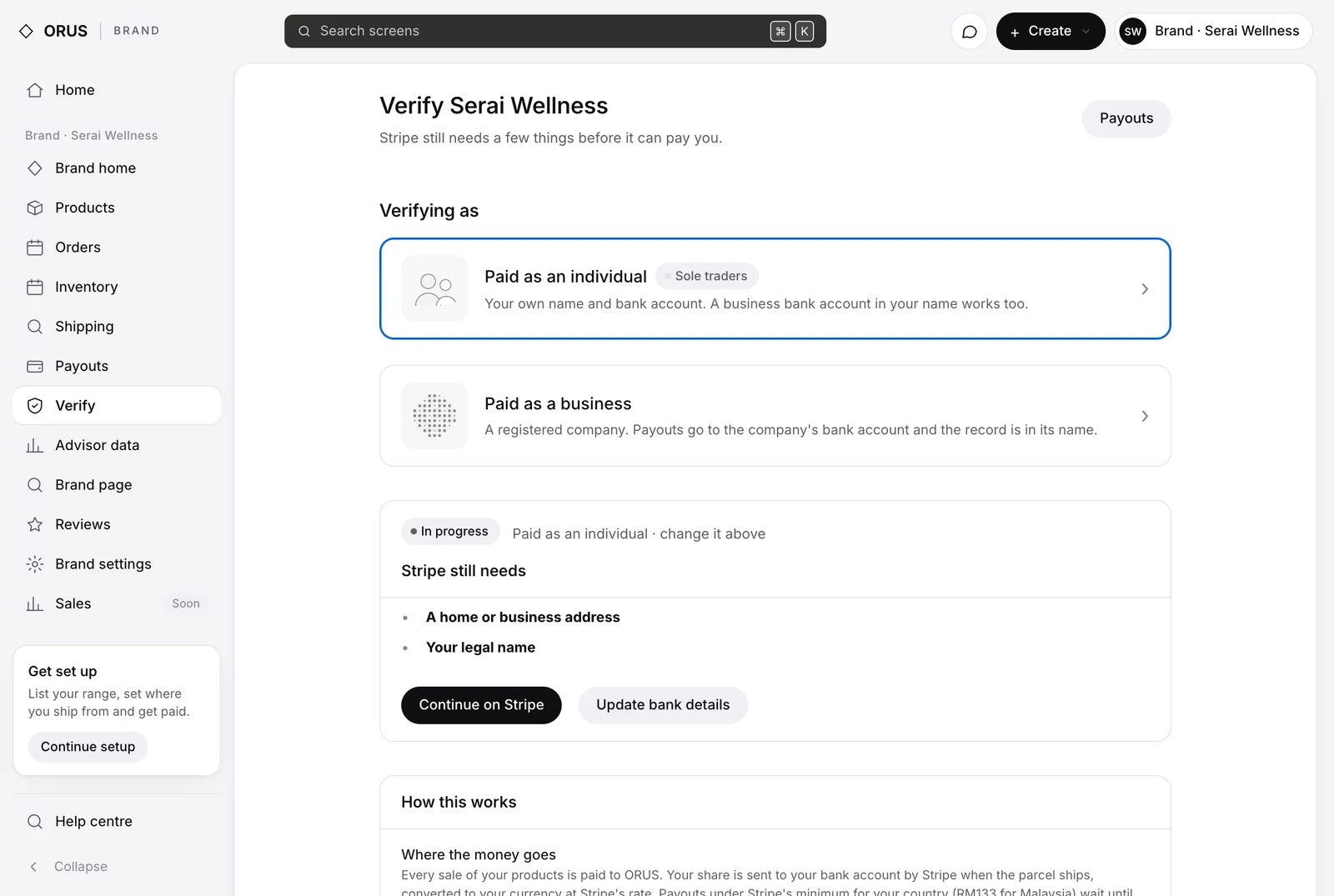 The Verify page reading In progress, with the list of what Stripe still needs and a Continue on Stripe button