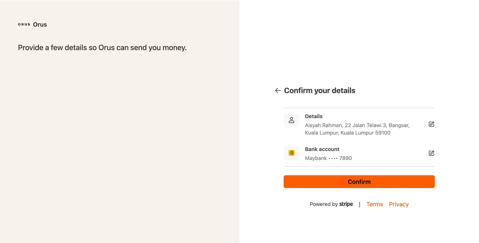 Stripe's confirm your details page showing the name and address on one line and the bank account on another, with a Confirm button