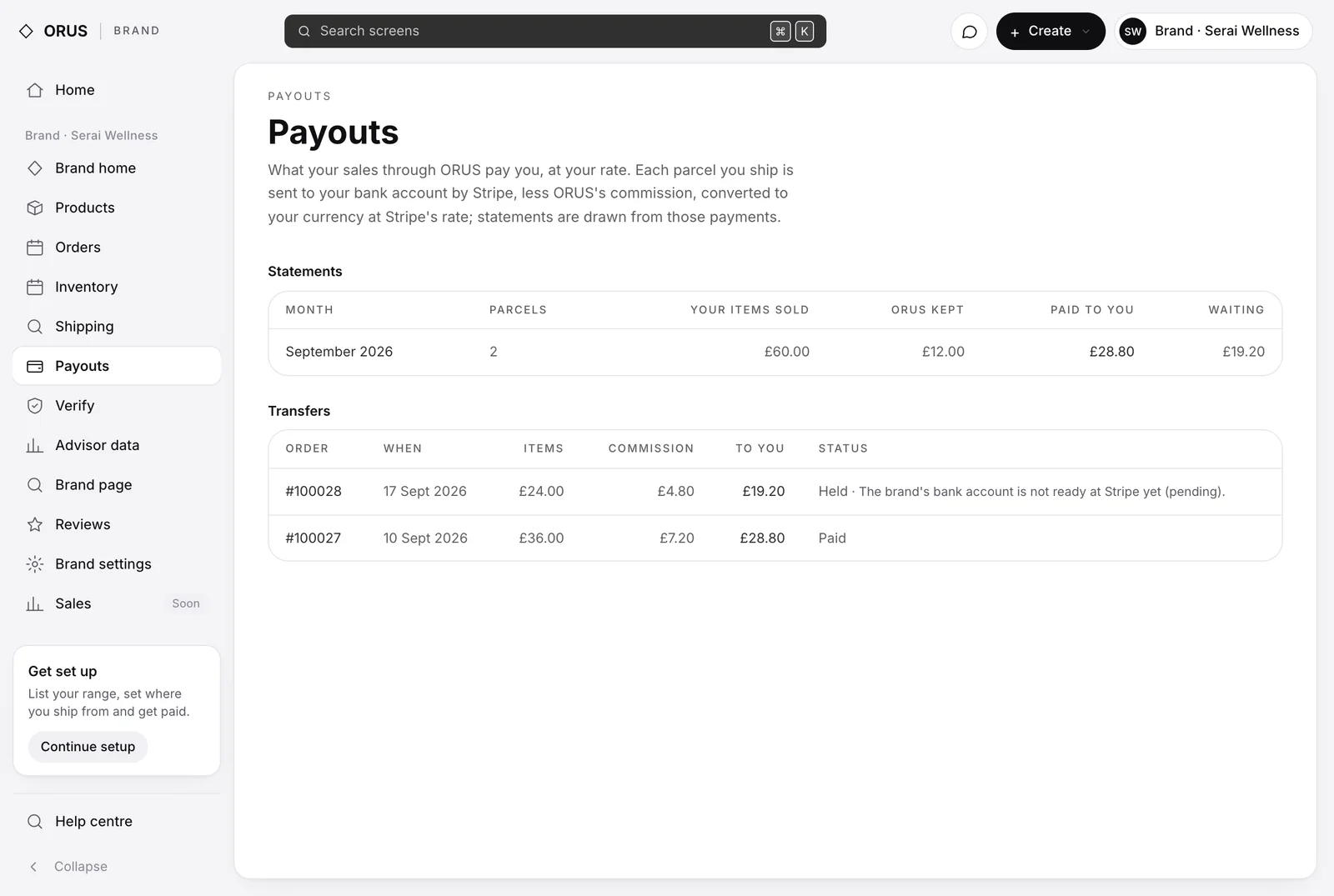 The Payouts page with a September statement and two transfers: one held, with the reason that the bank account is not ready at Stripe yet, and one paid