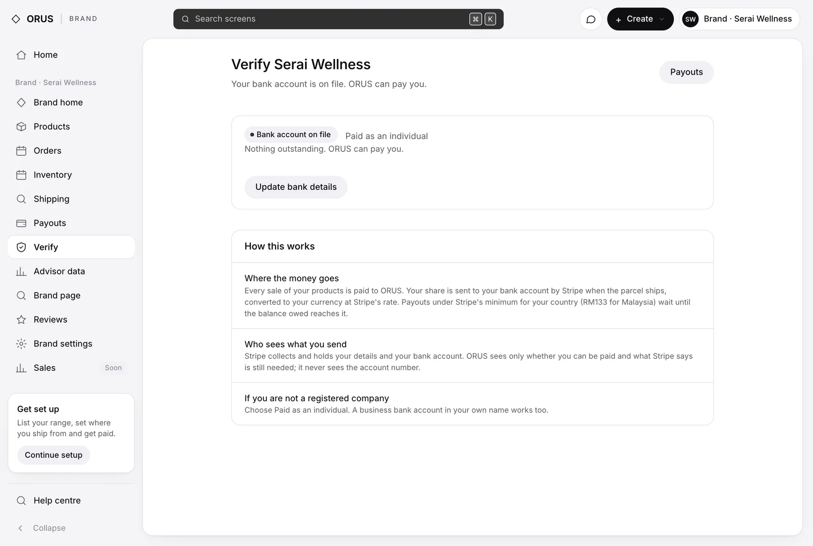 The Verify page reading Bank account on file, Paid as an individual, nothing outstanding, ORUS can pay you, with an Update bank details button