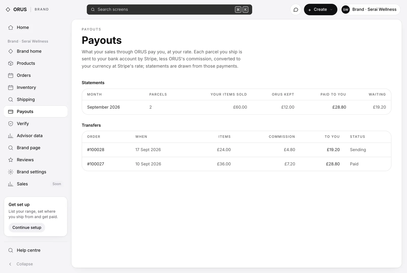 The Payouts page after the bank account is on file: the September statement and two transfers, one sending and one paid